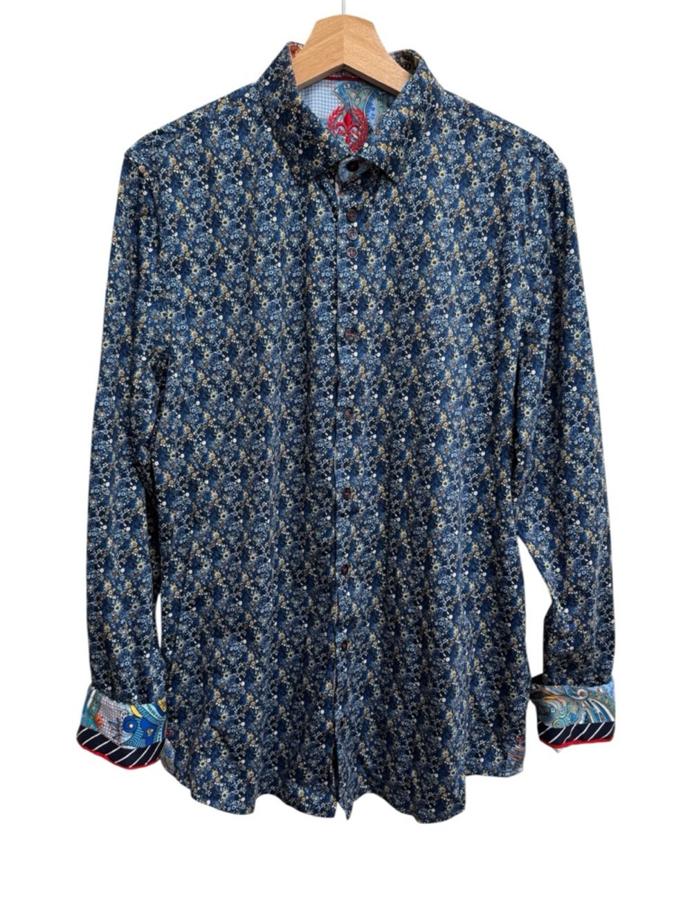 Au Noir Contrast Cuff Mercerized Cotton Floral Button Down Shirt Men’s Large